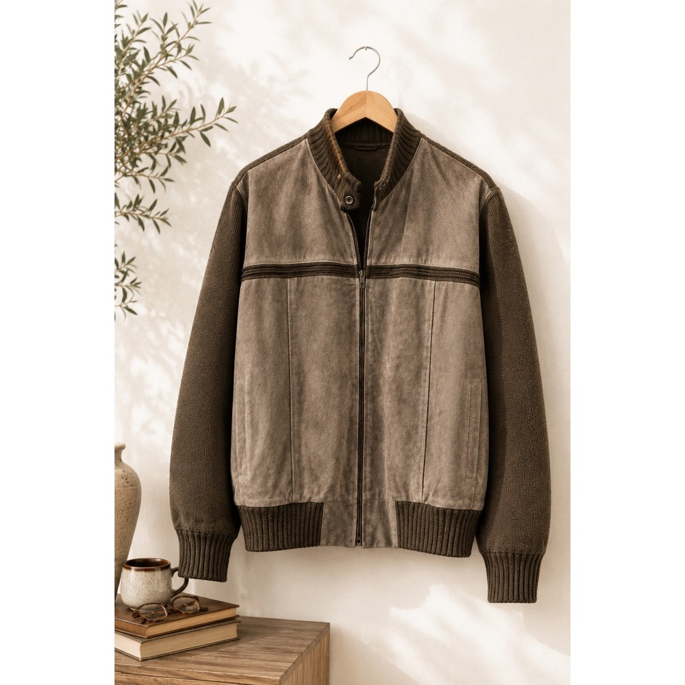 Vintage Leather Knit Bomber Jacket 80s 90s GrandpaCore Zip-Up Brown Retro M